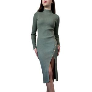 Knitted Ribbed Ling Sleeves, Midi Pencil Green Dress. Size M.